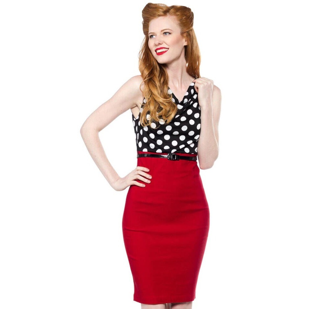 Steady Womens Vintage Inspired Dress Medium Red Black Polka Dot Cowl Neck NWT
